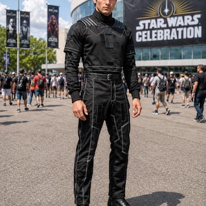 K&ouml;nnte beinhalten: Eine Person in einem schwarzen Overall mit wei&szlig;en N&auml;hten und hohem Kragen, vor einem "Star Wars Celebration" Banner. Das Outfit umfasst einen G&uuml;rtel und schwarze Stiefel. Im Hintergrund eine Menschenmenge und Banner.
