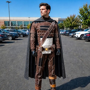 May include: A brown and black costume with a cape, belt, and boots. The costume has a white chest piece and a brown strap across the chest. The person is standing in a parking lot.