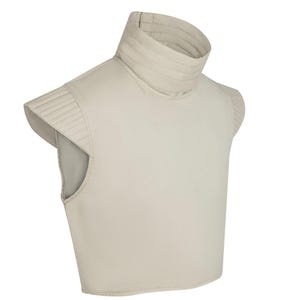 Peut inclure: Un vêtement beige sans manches avec un col haut et côtelé. Les épaules présentent un design matelassé. Le style général suggère un vêtement d'époque ou fantastique, possiblement une armure ou un élément de costume.
