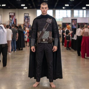 May include: A person in a black costume with a long cape, black pants, and a brown belt with pouches. The costume includes a shoulder strap and a gray undershirt. The person is standing in a convention hall.