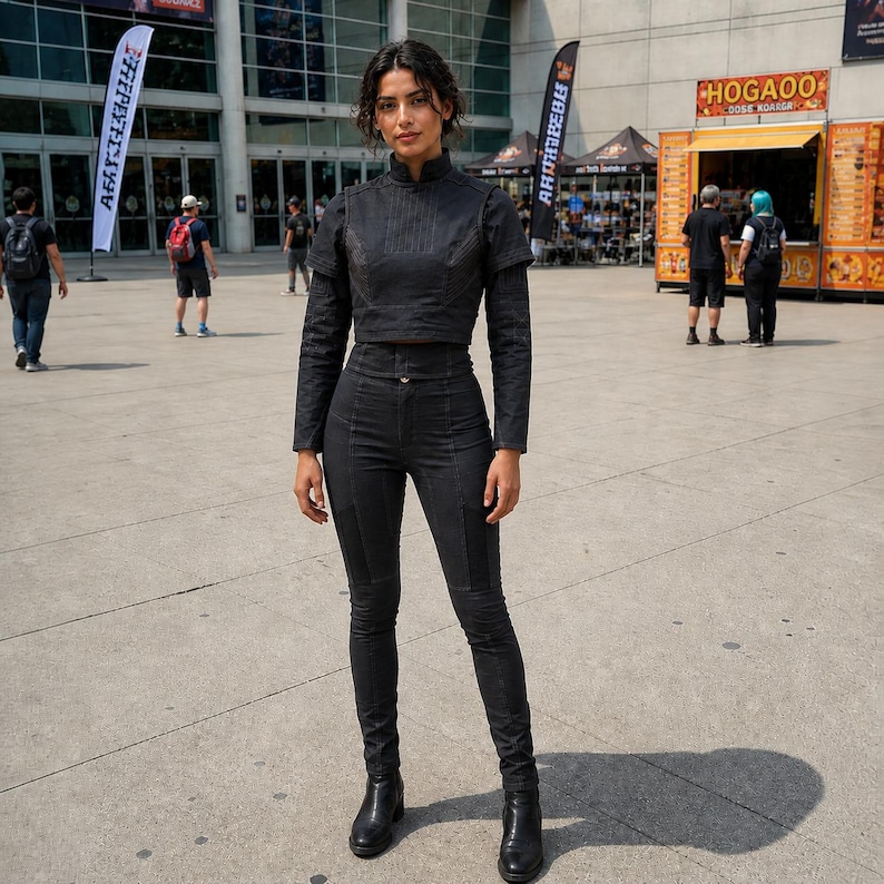 May include: A woman wearing a black outfit, including a long-sleeved crop top and high-waisted pants. The outfit is paired with black ankle boots. The background includes a building, flags, and food vendors.