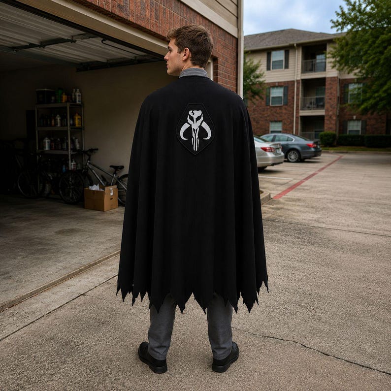 May include: A black cape featuring a white Mythosaur skull emblem centered on the back. The cape has a jagged, pointed hemline and is worn over a grey collared shirt and grey trousers. The design is inspired by the Mandalorian series aesthetic.
