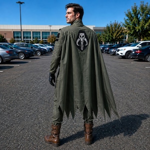 May include: A person wearing a green cape with a black and white emblem on the back, standing in a parking lot. The cape has a jagged bottom edge. The person is also wearing a matching green jumpsuit and brown boots.