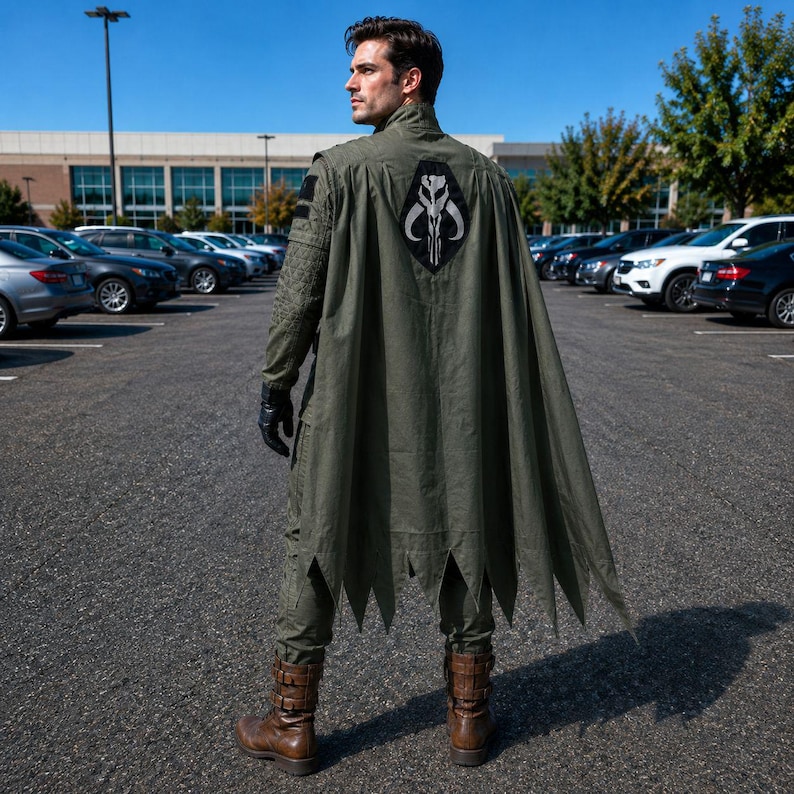 May include: A person wearing a green cape with a black and white emblem on the back, standing in a parking lot. The cape has a jagged bottom edge. The person is also wearing a matching green jumpsuit and brown boots.