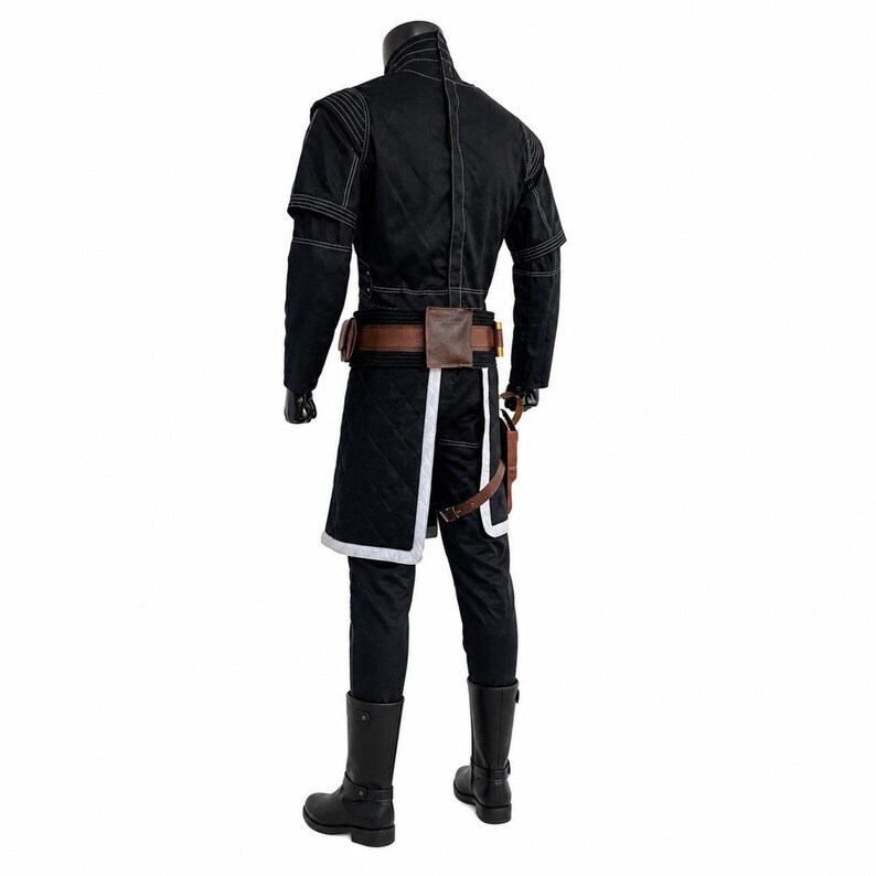 May include: Black costume with white stitching, featuring a quilted jacket with short sleeves, matching pants, and a brown leather belt with a pouch. The outfit includes black boots and a holster. The costume is designed for cosplay or themed events.