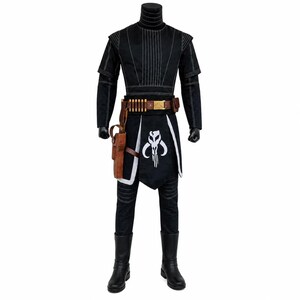 May include: Black costume with white accents, featuring a high collar and a belt with ammunition. The costume includes a black and white apron with a skull emblem, a brown holster, and black boots. This outfit is suitable for cosplay or themed events.