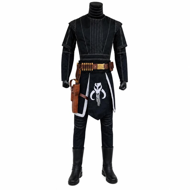 May include: Black costume with white accents, featuring a high collar and a belt with ammunition. The costume includes a black and white apron with a skull emblem, a brown holster, and black boots. This outfit is suitable for cosplay or themed events.