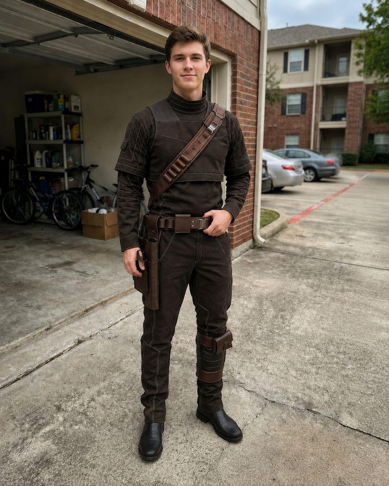 May include: A dark brown long-sleeved mock neck shirt paired with matching trousers. The outfit includes a brown leather utility belt with a holster, a matching shoulder strap with metallic buckles, and a brown leather leg guard with a small pouch.