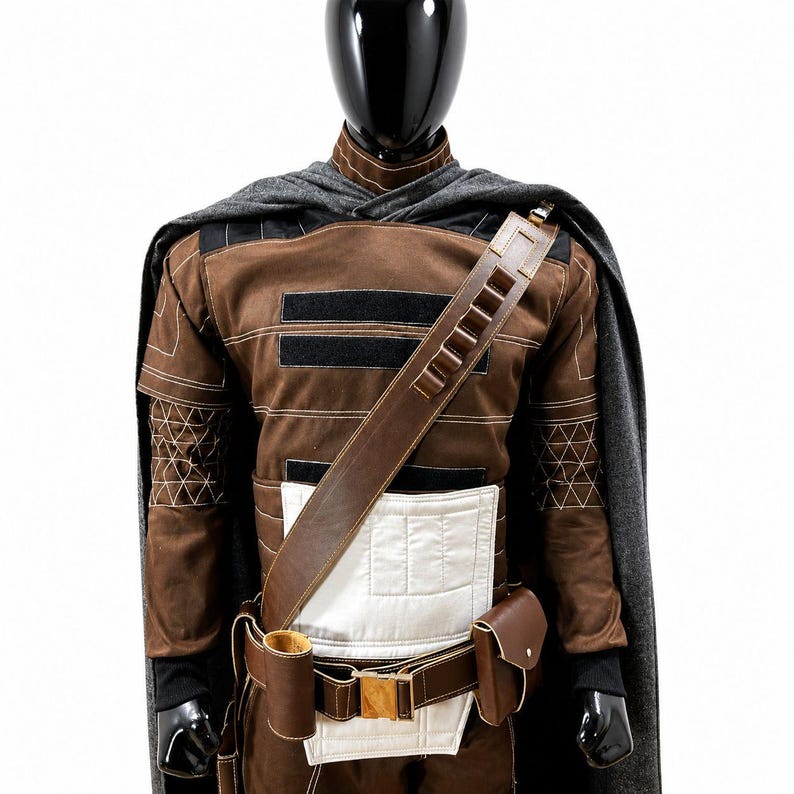 May include: A brown and black costume displayed on a mannequin. The costume includes a brown jacket with black accents, a gray cape, and a brown leather belt with pouches. The jacket has geometric stitching details. The costume is designed for cosplay or themed events.