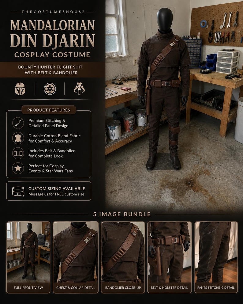 Din Djarin Mandalorian Cosplay-kostym med bälte | Star Wars 3-delad prisjägare-flygdräkt | Beskar-dräkt bild 3