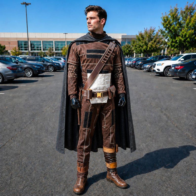 May include: A brown and black costume with a cape, belt, and boots. The costume has a white chest piece and a brown strap across the chest. The person is standing in a parking lot.