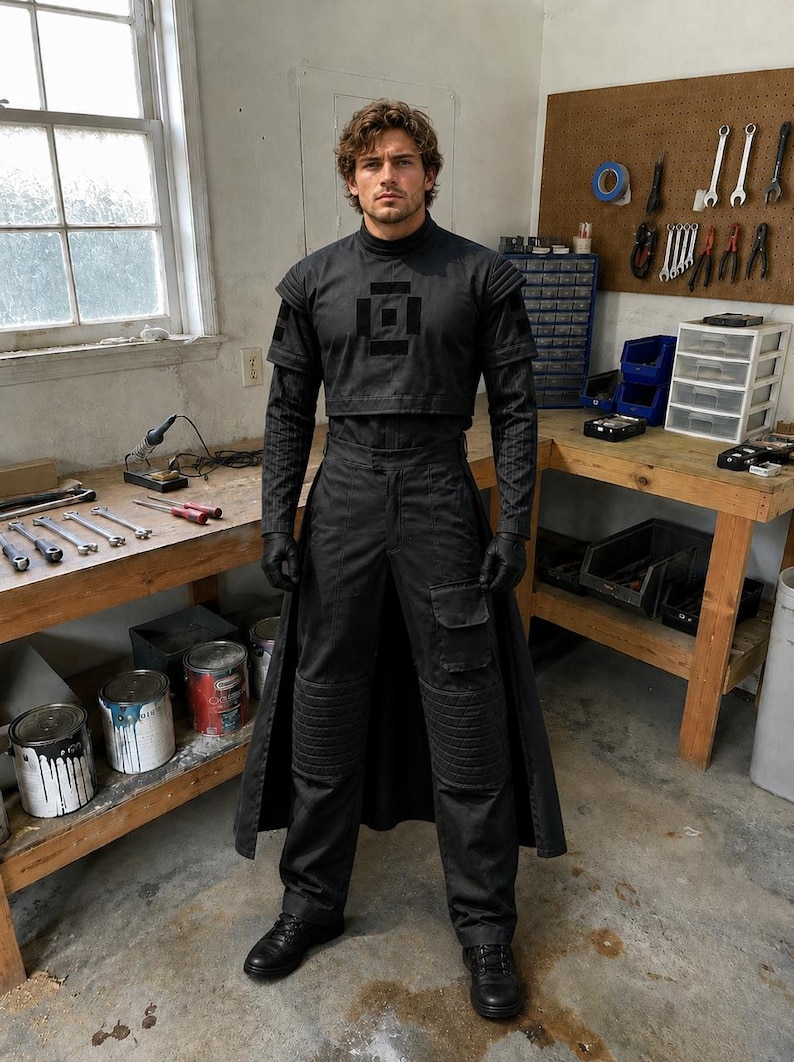 May include: A person wearing a black outfit with a geometric design on the chest. The outfit includes a cropped top, long sleeves, cargo pants, and a long coat. The person is wearing black gloves and boots. The background is a workshop.