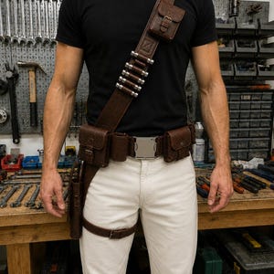 May include: A brown leather utility belt and shoulder strap set featuring multiple pouches, a silver-toned buckle, and a row of six metallic cylindrical accents. The gear is worn over a black t-shirt and white pants, including a drop-leg holster component.