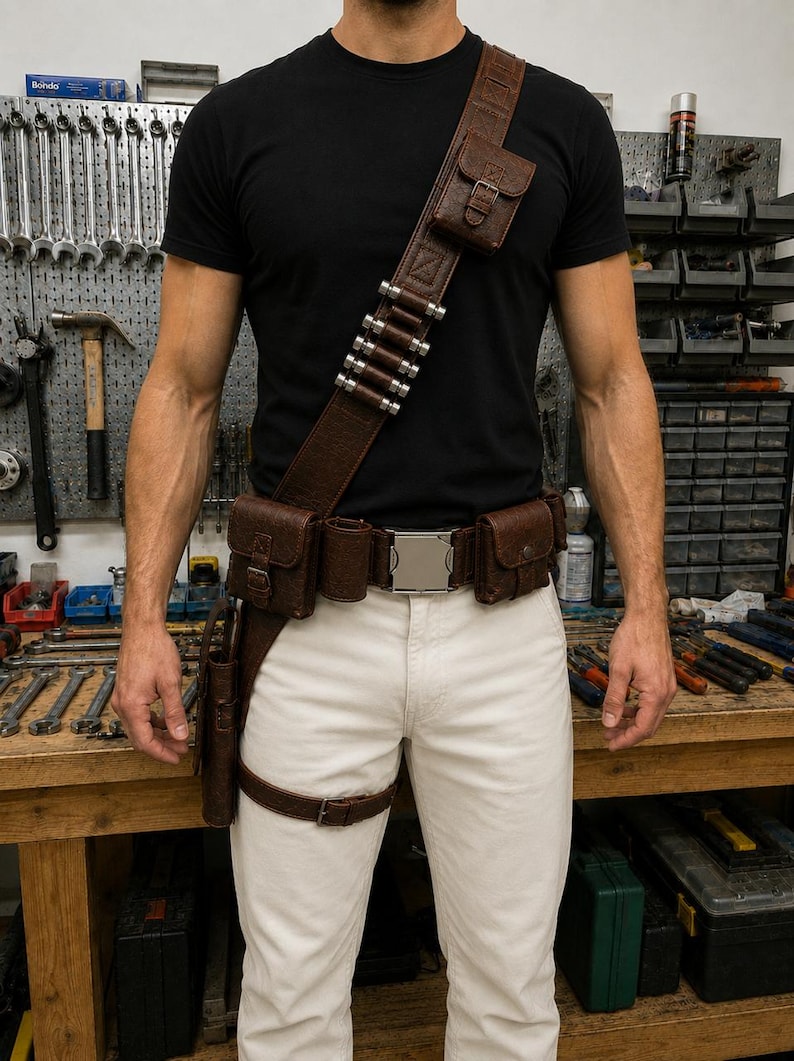 May include: A brown leather utility belt and shoulder strap set featuring multiple pouches, a silver-toned buckle, and a row of six metallic cylindrical accents. The gear is worn over a black t-shirt and white pants, including a drop-leg holster component.