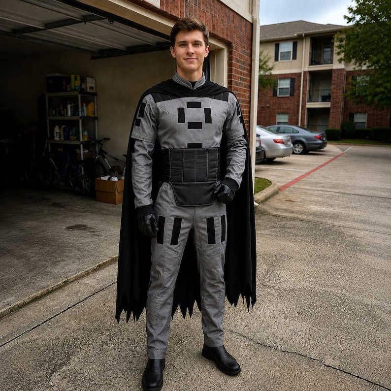 May include: A gray long-sleeved shirt and matching trousers featuring black rectangular patches, worn with a black cape, a wide black waist belt, and black gloves. The outfit includes a high collar and a structured design with dark accents.