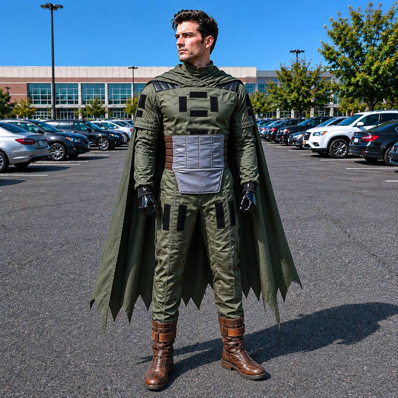 May include: A person wearing a green and black superhero costume with a cape. The costume includes a hooded top, gloves, and brown boots. The person is standing in a parking lot with cars in the background.
