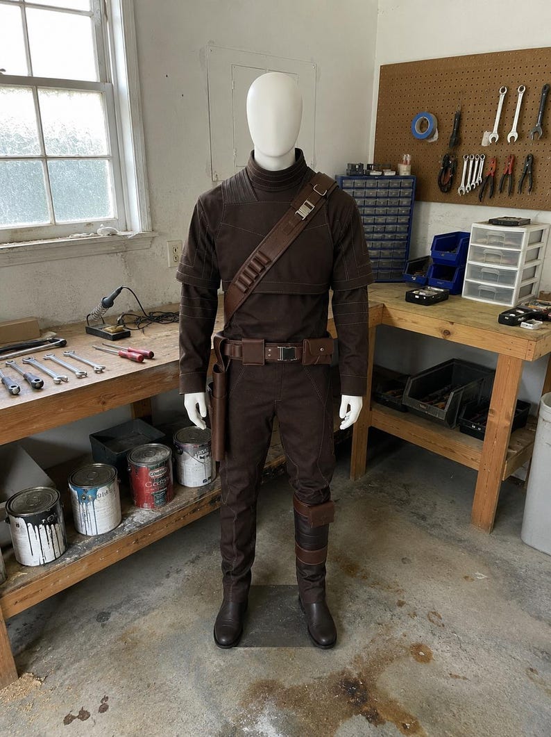 Din Djarin Mandalorian cosplay costume inspired by The Mandalorian featuring tactical vest, matching belt, fitted shirt, and tailored pants. Beskar inspired bounty hunter outfit designed for cosplay events, conventions, Halloween, roleplay, and collectors. Handmade Star Wars inspired costume with cinematic styling, premium craftsmanship, and comfortable convention-ready fit.