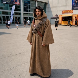 May include: A person wearing a brown hooded robe with wide sleeves and a leather belt with pouches. The floor-length robe is made of a textured fabric. The person is standing outside in front of a building.