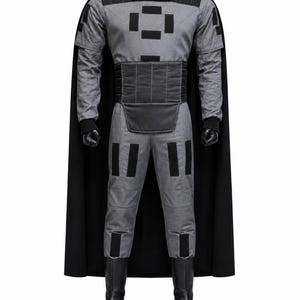 May include: A gray long-sleeved jumpsuit featuring black rectangular patches on the chest, shoulders, and legs. The outfit includes a wide black waist belt, a long black cape attached at the shoulders, and black boots with a smooth finish.