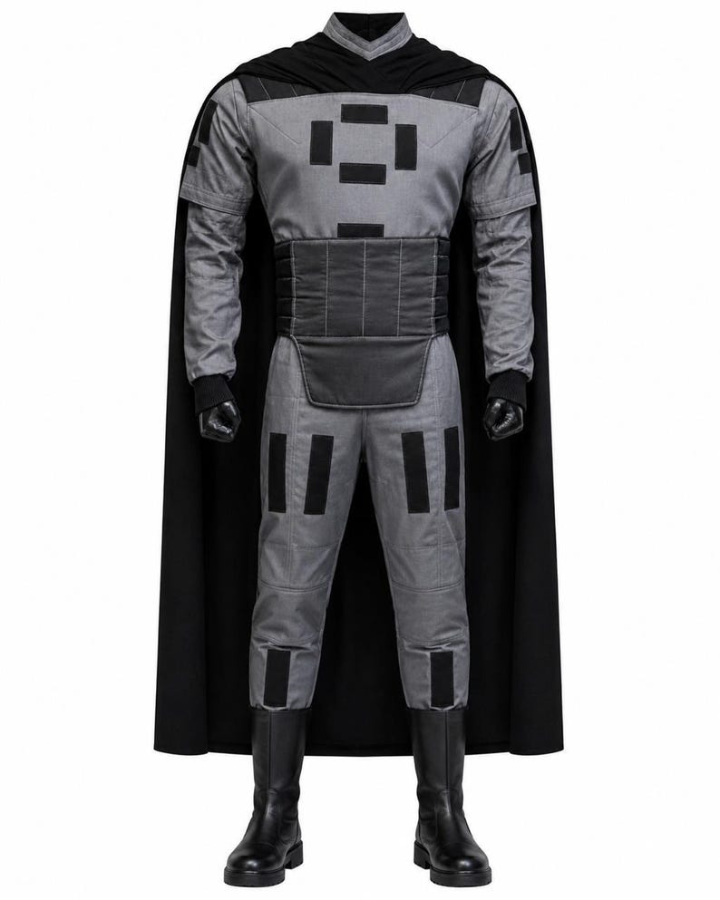 May include: A gray long-sleeved jumpsuit featuring black rectangular patches on the chest, shoulders, and legs. The outfit includes a wide black waist belt, a long black cape attached at the shoulders, and black boots with a smooth finish.