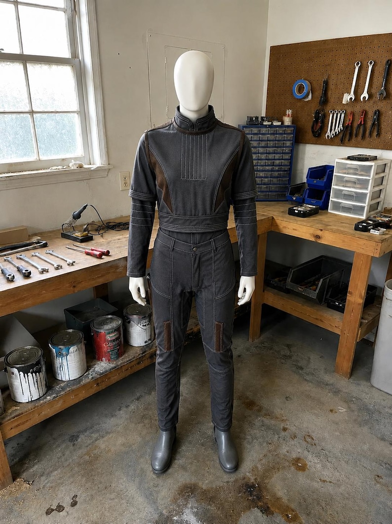 May include: A grey jumpsuit with brown detailing on a mannequin. The outfit features a high-necked top and fitted trousers. The mannequin is wearing grey boots. The background shows a workshop with tools and workbenches.