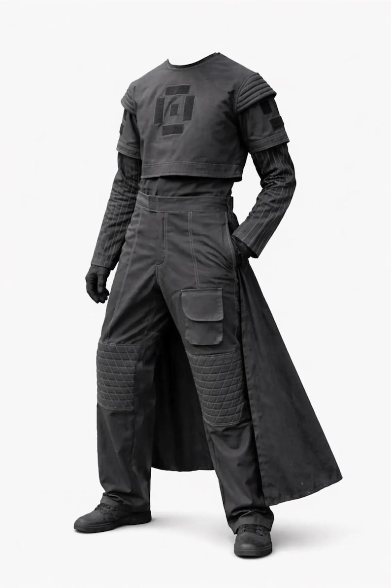 May include: A dark gray futuristic outfit. The ensemble includes a cropped top with a geometric design, long-sleeved striped undershirt, high-waisted pants with knee padding, and a long coat. The outfit is completed with gloves and shoes.