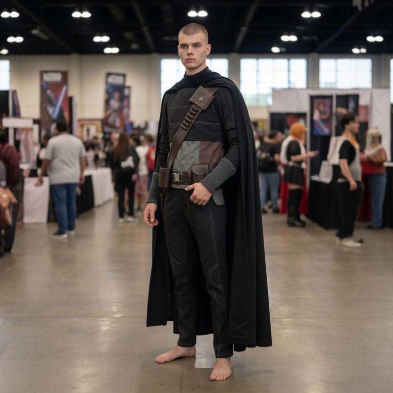 May include: A person wearing a black costume with a long black cape. The costume includes a brown leather belt with pouches, a shoulder strap, and a chest piece with gray, brown, and green accents. The person is standing barefoot in a convention hall.