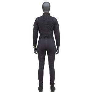 May include: A black jumpsuit displayed on a mannequin. The jumpsuit features a high collar, long sleeves, and fitted pants. The fabric appears to be textured, with visible stitching details. The mannequin is wearing black gloves and boots.