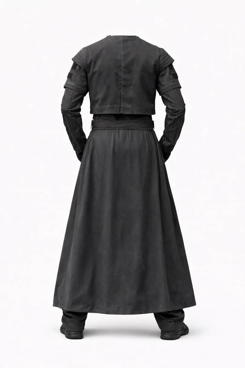 May include: A dark gray outfit featuring a cropped jacket with structured shoulders and long sleeves, paired with a long, flowing skirt. The outfit is cinched at the waist with a matching belt, and the model is wearing dark pants and shoes.
