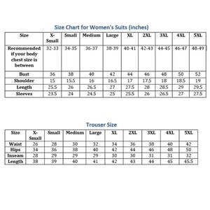 May include: A size chart for women's suits and trousers, displaying measurements in inches. The chart includes bust, shoulder, length, and sleeve measurements for suits, and waist, hips, inseam, and length for trousers, ranging from X-Small to 5XL.