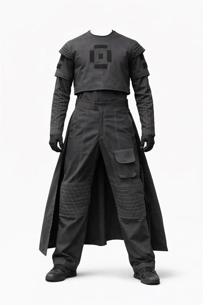 May include: A dark gray futuristic outfit, featuring a cropped top with a geometric design, long-sleeved underlayer, and high-waisted pants with quilted knee pads and pockets. The outfit includes a long skirt-like panel and black gloves and shoes.
