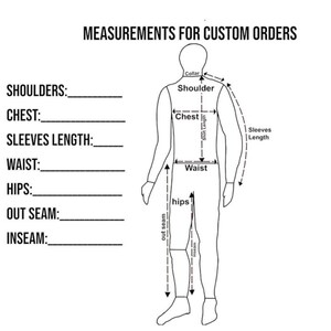 May include: A black and white diagram illustrating body measurements for custom orders. The diagram includes labels for shoulders, chest, sleeve length, waist, hips, outseam, and inseam. A stick figure shows where to measure.