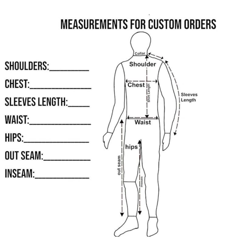 May include: A black and white diagram illustrating body measurements for custom orders. The diagram includes labels for shoulders, chest, sleeve length, waist, hips, outseam, and inseam. A stick figure shows where to measure.