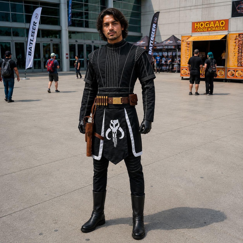 May include: A person in a black costume with white accents, a brown belt, and a holster. The costume features a Mandalorian skull emblem on the front. The person is wearing black gloves and boots. The background includes a food stand and banners.