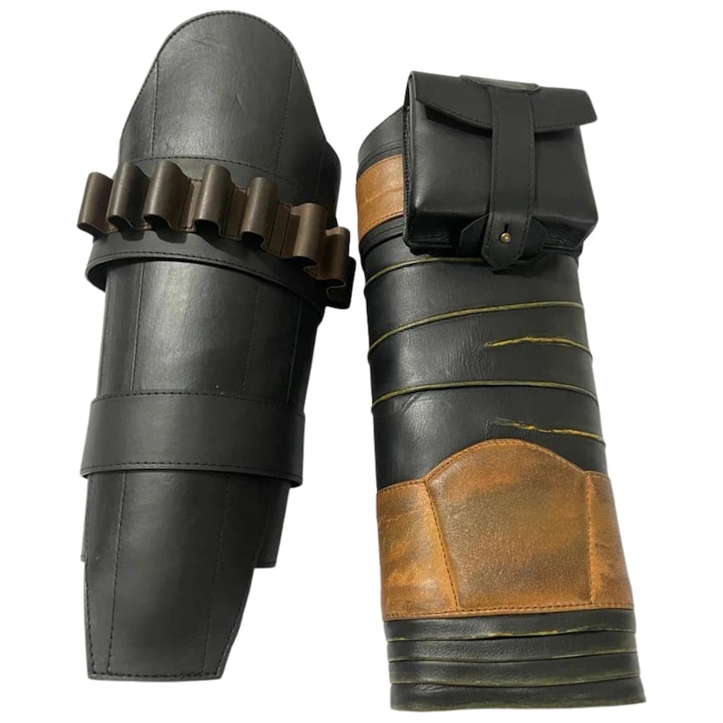 Mandalorian Din Djarin Äkta Läder Benrustning | Handgjord Star Wars Cosplay Rekvisita Anpassad Passform both sides in black