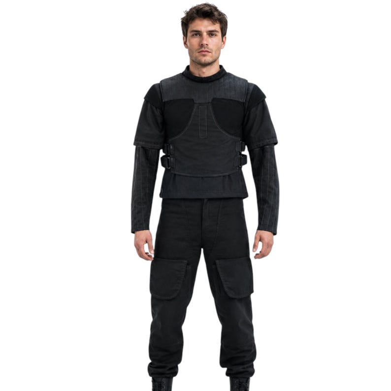 May include: Black tactical outfit featuring a short-sleeved vest with buckle closures over a long-sleeved shirt. The outfit includes matching black cargo pants with large pockets. The model is wearing black boots.