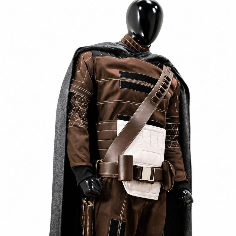 May include: A brown costume with a gray cape, displayed on a mannequin. The costume features a brown jumpsuit with black accents, a white padded chest piece, and a brown leather belt and shoulder strap. The sleeves have geometric stitching.