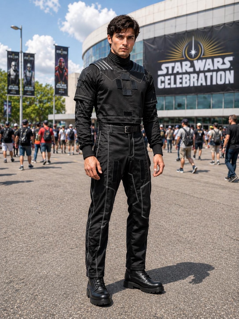 K&ouml;nnte beinhalten: Eine Person in einem schwarzen Overall mit wei&szlig;en N&auml;hten und hohem Kragen, vor einem "Star Wars Celebration" Banner. Das Outfit umfasst einen G&uuml;rtel und schwarze Stiefel. Im Hintergrund eine Menschenmenge und Banner.