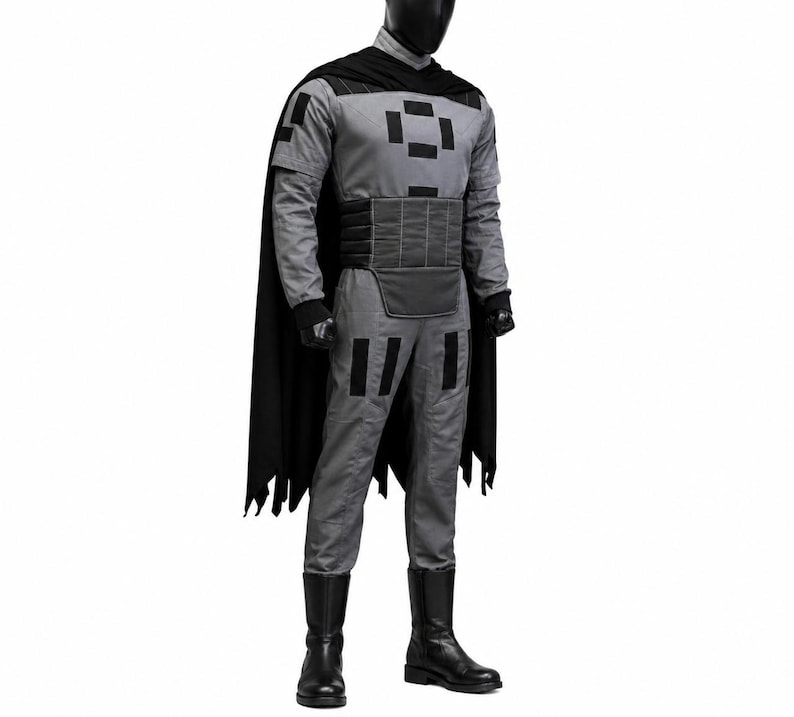 May include: A full-body costume featuring a grey long-sleeved shirt and matching pants with black rectangular patches. The outfit includes a black cape, a wide black waist belt with horizontal stitching, black gloves, and black boots.