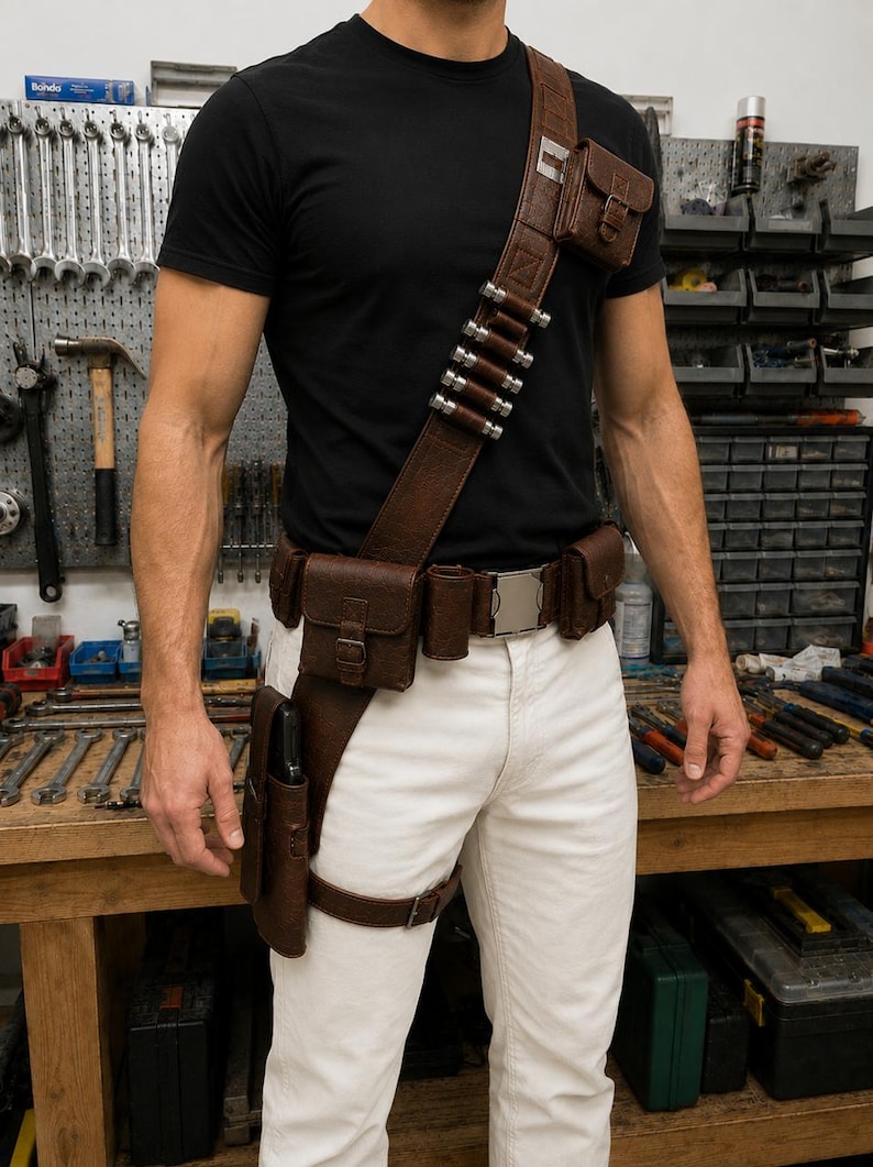 May include: A brown textured utility belt and shoulder strap set featuring multiple small pouches, a silver-toned buckle, and a series of metallic cylindrical accents along the diagonal strap. The gear is worn over a black t-shirt and white pants.