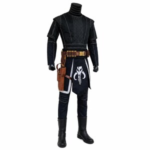 May include: Black costume with white stitching, featuring a high collar and short sleeves. The outfit includes a brown belt with ammunition, a holster, and a black and white apron with a skull emblem. The costume is completed with black boots.