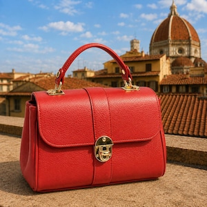 Puede incluir: Un bolso de mano rojo brillante con superficie texturizada, que cuenta con un asa superior y un cierre de pestillo de metal dorado en la solapa frontal. El bolso tiene una forma rectangular estructurada con detalles de herrajes dorados.