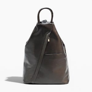 Pode incluir: Uma mochila castanho-escura com acabamento liso, apresentando uma alça superior arredondada, um bolso frontal vertical com fecho de correr e puxador metálico, e uma silhueta estruturada e cónica que se estreita em direção ao topo.