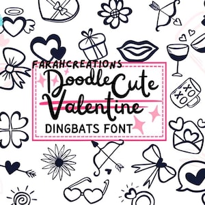 May include: A collection of black and white doodle illustrations with a Valentine's Day theme. Includes hearts, bows, gifts, flowers, and the text "Doodle Cute Valentine Dingbats Font". Perfect for digital design projects.