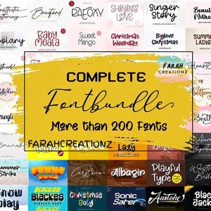 Könnte beinhalten: Grafik, die ein komplettes Schriftarten-Bundle mit über 200 Schriftarten zeigt. Das Bild zeigt verschiedene Schriftarten, darunter Script- und Display-Schriften, mit Namen wie "Alaritine", "Roslary" und "Christmas Weekday". Der Text "COMPLETE Fontbundle" ist prominent dargestellt.
