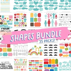 May include: A digital art bundle featuring various shapes, icons, and decorative elements in multiple colors. Includes speech bubbles, hearts, arrows, mustaches, and more. The text "SHAPES BUNDLE 35 PACKS!" is displayed on a pink banner.