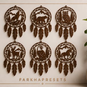 May include: Six circular dark brown wooden wall hangings featuring laser-cut animal silhouettes including a wolf, bear, owl, deer, eagle, and horse, each framed by a circular border with hanging feather-shaped cutouts and the text FARKHAPRESETS.