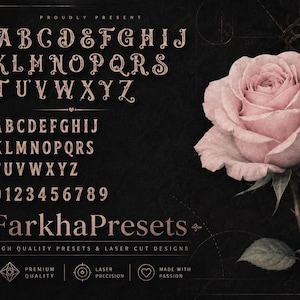 May include: A digital art design featuring a pink rose and decorative typography. The image includes the alphabet, numbers, and the text "FarkhaPresets". The background is dark with ornamental details.