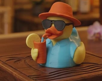 Summer Vacation Duck – PLA 3D Printed Beach Duck Figure, Tropical Drink Duck, Sunglasses Duck, Summer Decor Gift, Collectible Duck