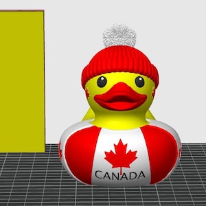 May include: A yellow rubber duck wearing a red knit cap with a white pom-pom and a red and white floatie with the Canadian flag and the word "CANADA". The duck has a red beak and black eyes.